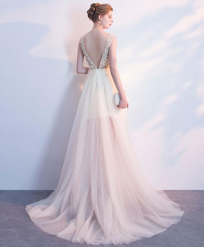 New Arrival Tulle A-Line Prom Dress, V-Neck Backless Beaded Prom Dress, KX271