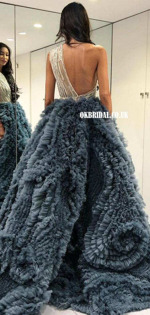 Stunning A-line Tulle One-shoulder Beaded Backless Prom Dresses, FC4765