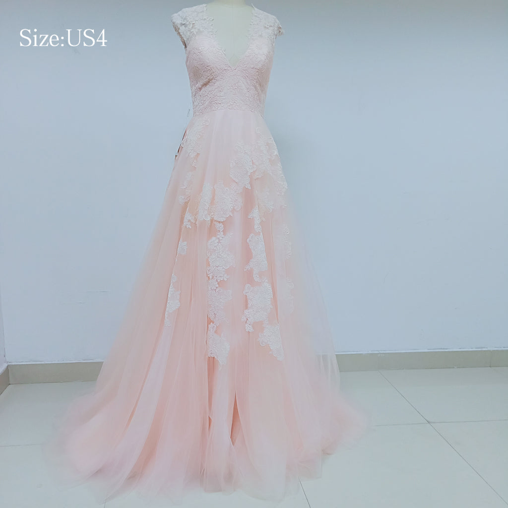 Cap Sleeve Tulle A-Line Applique V-Neck Prom Dress, SL001