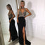 Beautiful Black Side Split Chiffon Prom Dress, Open Back Charming Beaded Prom Dresses, KX1224