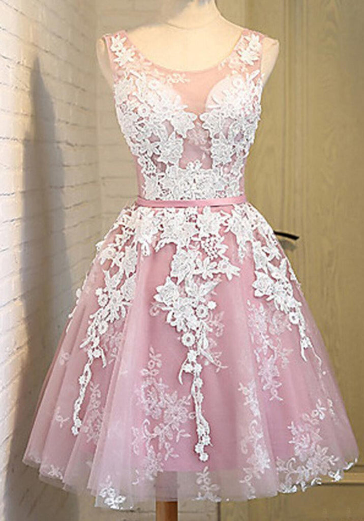 Off shoulder scoop neckline see through short pink homecoming prom dresses, CM0025
