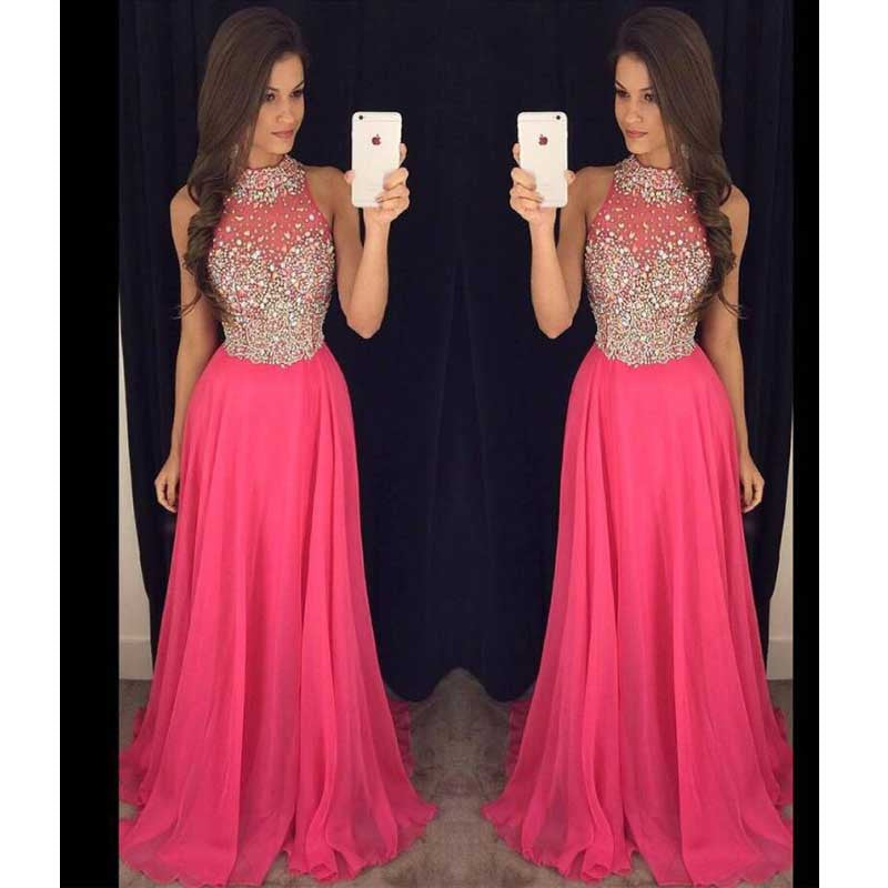 Hot Pink Halter Evening Prom Dresses, 2017 Long Beaded Prom Dress, Custom Long Prom Dress, Cheap Party Prom Dress, Formal Prom Dress, 17037