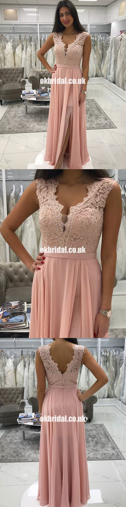 Lace Top Backless Pink Prom Dresses, Chiffon Sleeveless A-Line Prom Dresses, KX1069