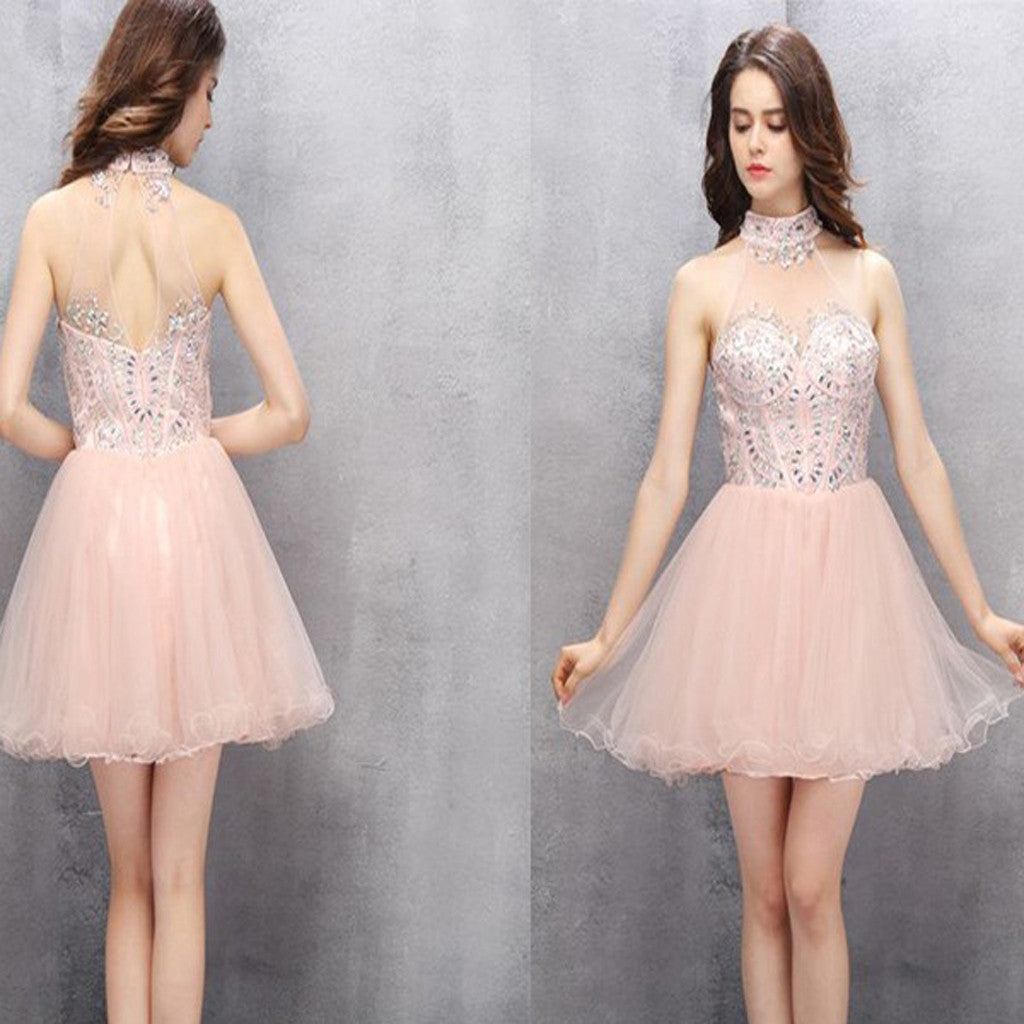 New Arrival light pink halter off shoulder sexy homecoming prom gown dress,BD00108