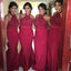 Cheap Popular Red Halter Sexy Mermaid Lace Long Wedding Guest Bridesmaid Dresses, WG125