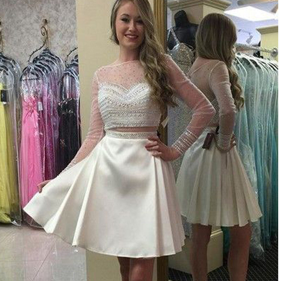 Long sleeve white two pieces simple see through homecoming prom dresses, BD00146