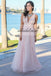 V-Neck Tulle Sleeveless Bridesmaid Dress, Unique V-Back Beaded Bridesmaid Dress, Floor-Length Bridesmaid Dress, KX153