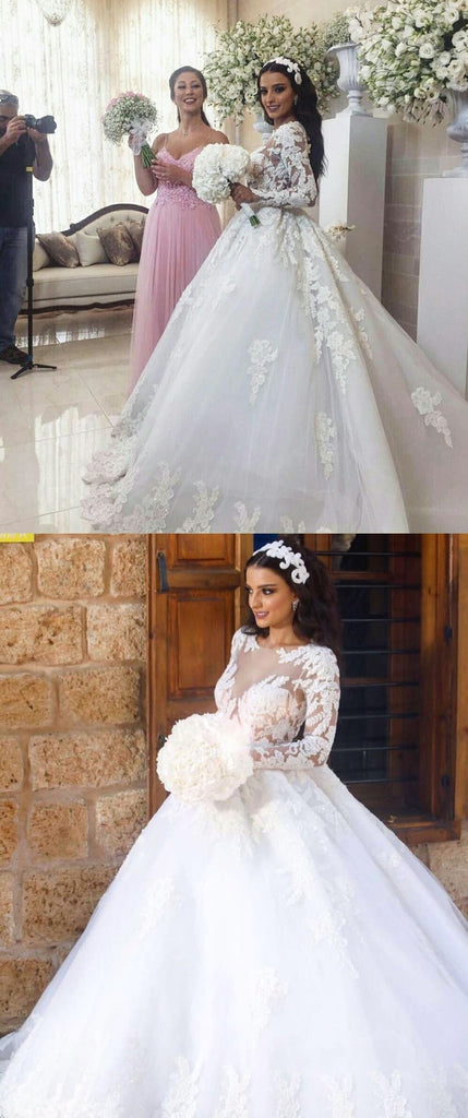 Luxury Lace White A-Line Wedding Dress, Charming Long Sleeve Tulle Wedding Dress, KX1627