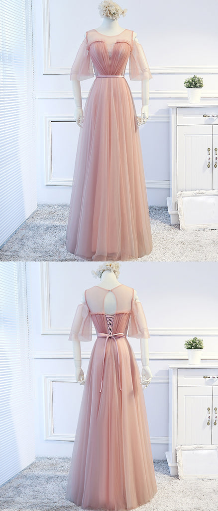 Simple Design Tulle Half Sleeve A-Line Cheap Open-Back Bridesmaid Dress, FC1698