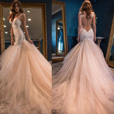Sexy Backless Lace Mermaid Wedding Dresses, 2017 Tulle Cheap Wedding Gown, Affordable Bridal Dresses, 17089
