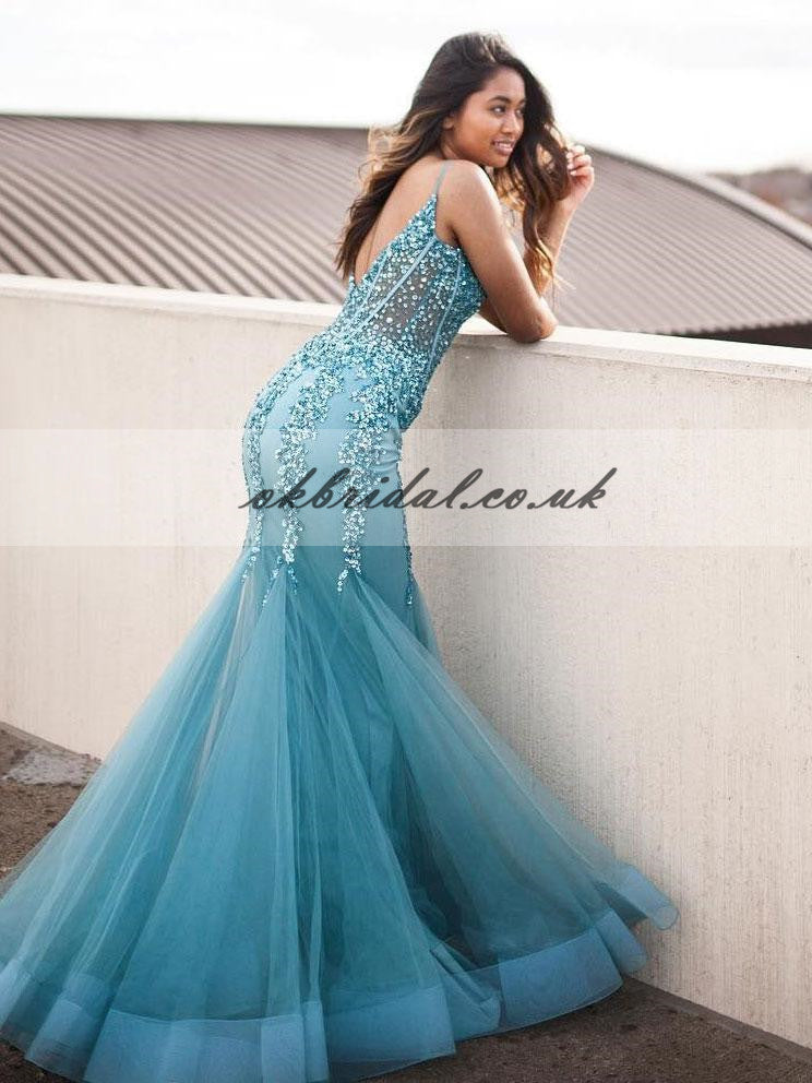 Spaghetti Straps V-Neck Prom Dress, Beaded Sequin Prom Dress, Mermaid Tulle Prom Dress, KX174