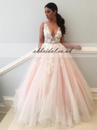 Deep V-Neck Charming Tulle Prom Dress, A-Line Applique Prom Dress, Backless Prom Dress, KX179
