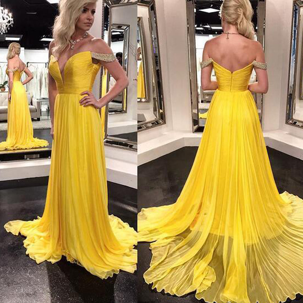 Bright Yellow Off Shoulder Prom Dresses, Charming Backless Chiffon Beaded A-Line Prom Dresses, KX185