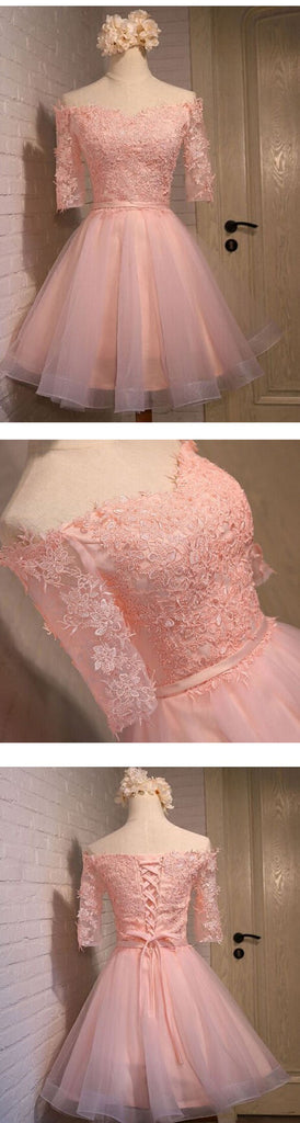Long sleeve lace pink short homecoming prom dresses, CM0006