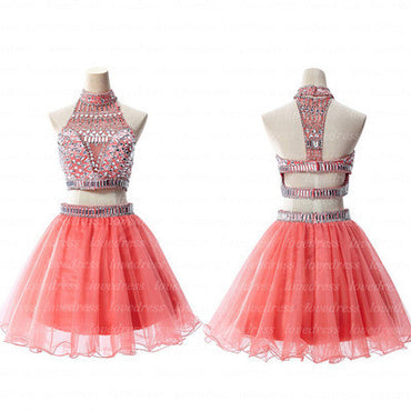 Sexy Coral Two Pieces Rhinestone Beaded homecoming prom dresses, CM0030