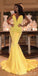 Sexy Deep V-neck Spaghetti Straps Mermaid Yellow Jersey Backless Prom Dresses, FC2194