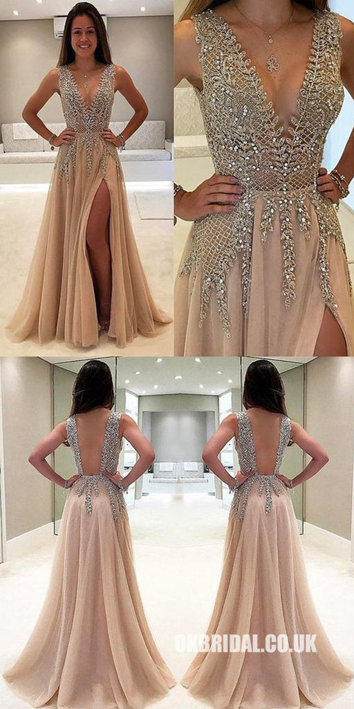 A-Line V-Neck Sleeveless Charming Tulle Side Split Beaded Backless Prom Dresses, 220043