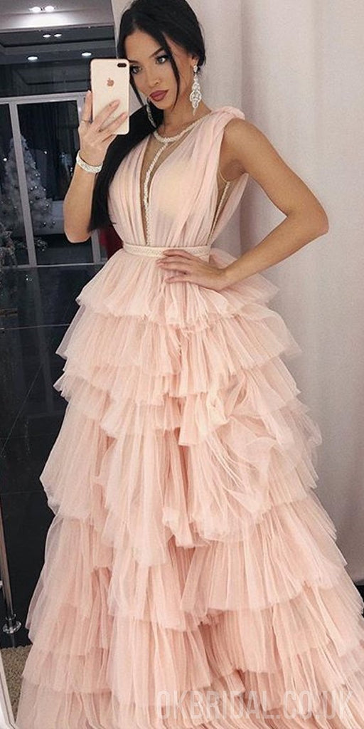 Tulle Light Pink A-line Sleeveless Elegant Prom Dresses, FC2225