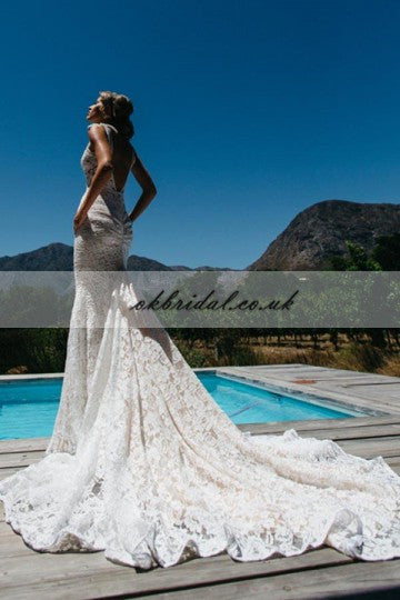 V-Neck Lace Mermaid Wedding Dress, Vintage Backless Wedding Dress, KX226