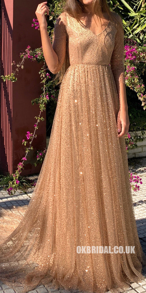 Sparkly Sequin Half Sleeve Open-Back A-Line Prom Dresses, FC2304