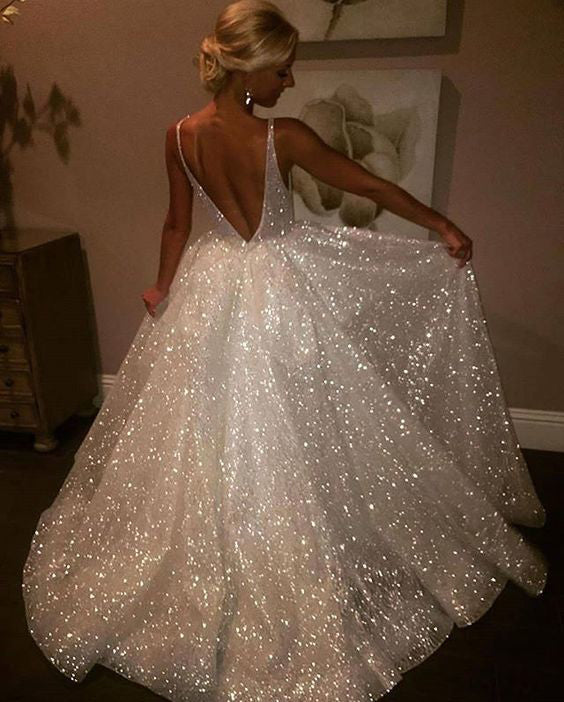 Sparkle A-Line Backless Prom Dresses, V-Neck Sleeveless Sequin Prom Dresses, KX231