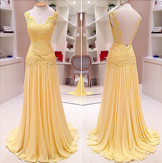 Yellow Lace See Through Back Formal Chiffon Pretty Elegant Long Prom Dresses, WG236