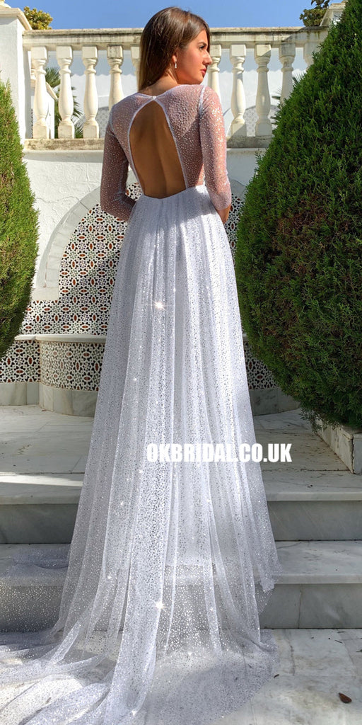 White Sparkly A-line Long Sleeve Open-Back V-neck Prom Dresses, FC2426