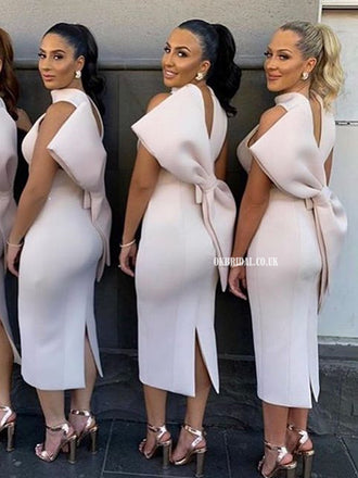 High Neck Satin Sleeveless Tea-Length Honest Bridesmaid Dress, FC2596