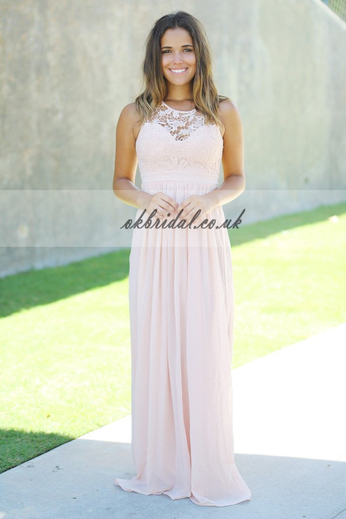 Round Neckline Pink Bridesmaid Dress, Lace chiffon Open-Back Bridesmaid Dress, KX263