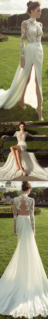 Ivory High Neck Long Sleeves See Through Applique Side Split Sexy Long Wedding Dress, WG265