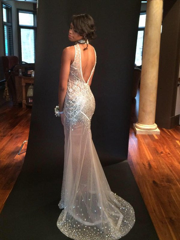 New Arrival Unique Design Sexy See Through High Neck Backless Beaded Long Prom Dresses, WG273