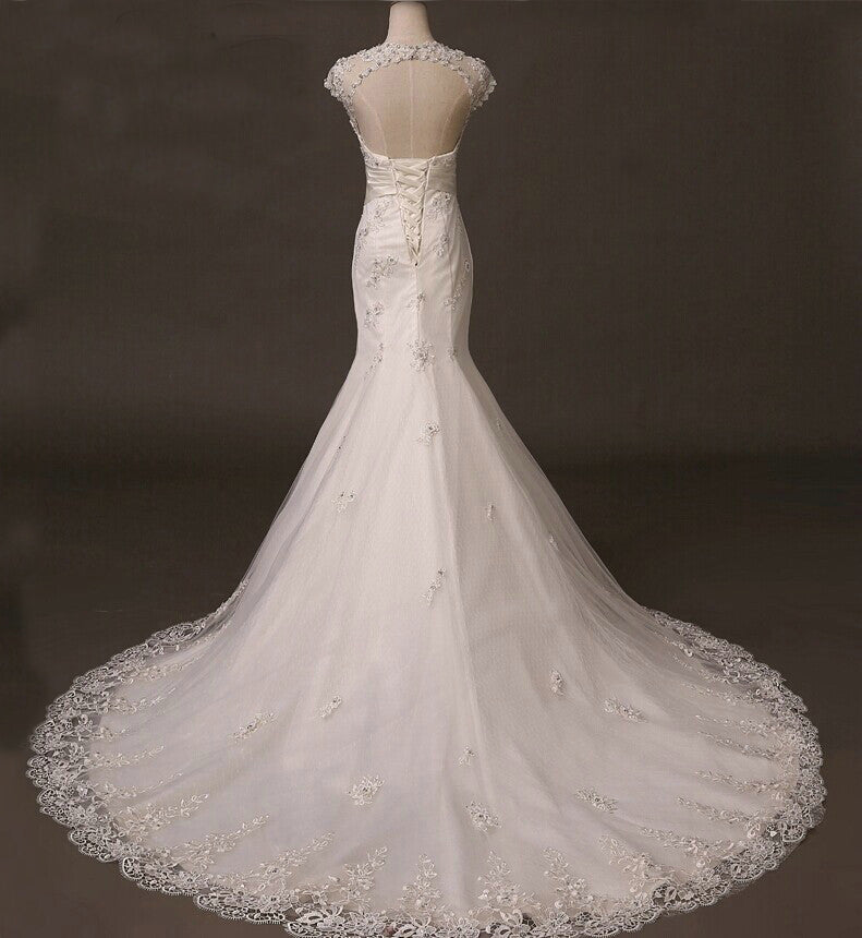 Lace Wedding Dress, Tulle Cap Sleeve Bridal Dress, Applique Mermaid Wedding Dress, LB0286