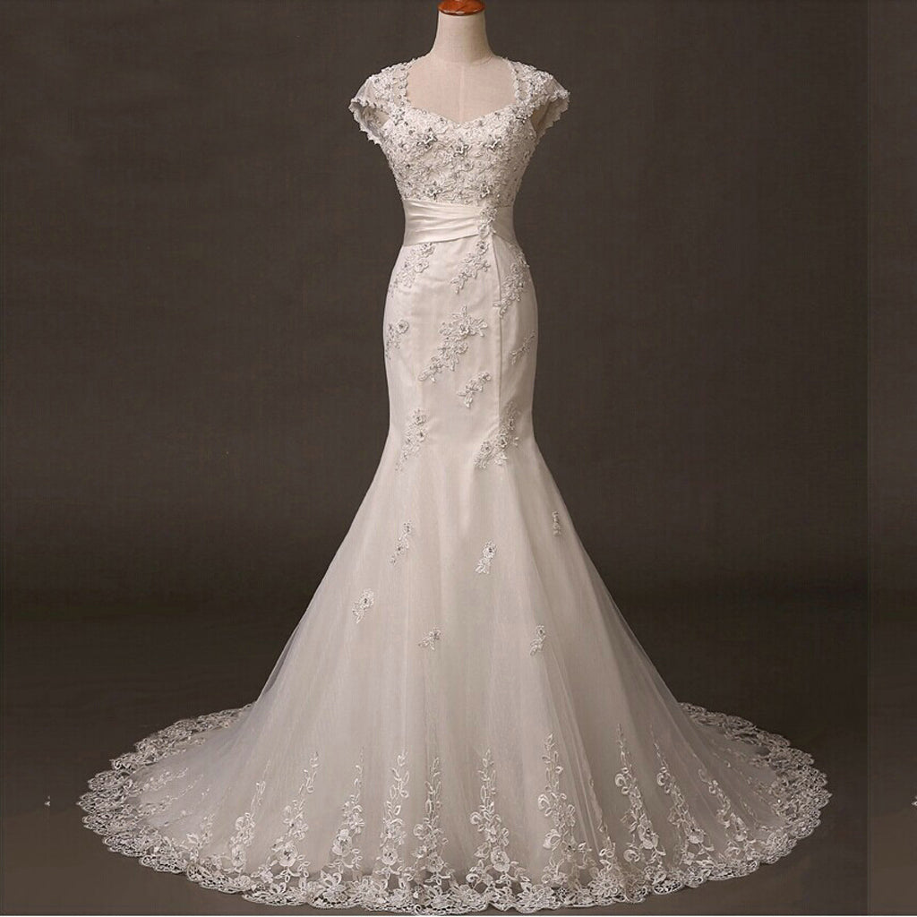 Lace Wedding Dress, Tulle Cap Sleeve Bridal Dress, Applique Mermaid Wedding Dress, LB0286