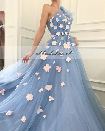 One Shoulder Tulle Prom Dress, Charming A-Line Applique Prom Dress, KX314