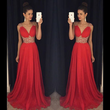 Red Chiffon A-Line Sleeveless Open-Back Beaded Prom Dress, FC375