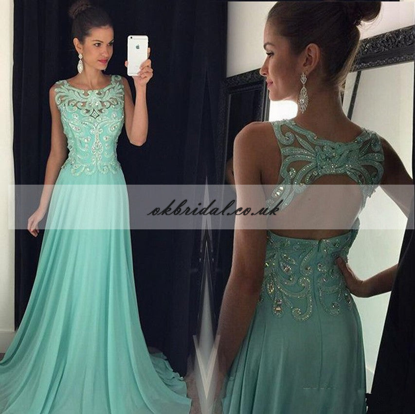 Round Neckline Applique Beaded Prom Dress, A-Line Chiffon Prom Dress, KX382