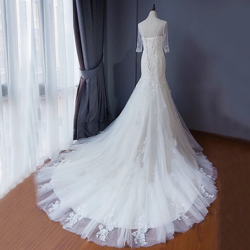Long Wedding Dress, Applique Wedding Dress, Tulle Bridal Dress, Long Sleeve Wedding Dress, Lace Wedding Dress, Wedding Dress with Train, Backless Wedding Dress, LB0390