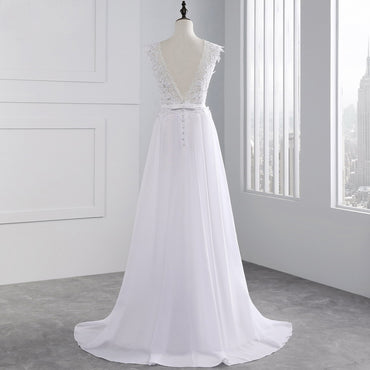 Long Wedding Dress, Chiffon Wedding Dress, Beach Bridal Dress, Cap Sleeve Wedding Dress, Lace Wedding Dress, Floor Length Wedding Dress, V-Back Wedding Dress, LB0391