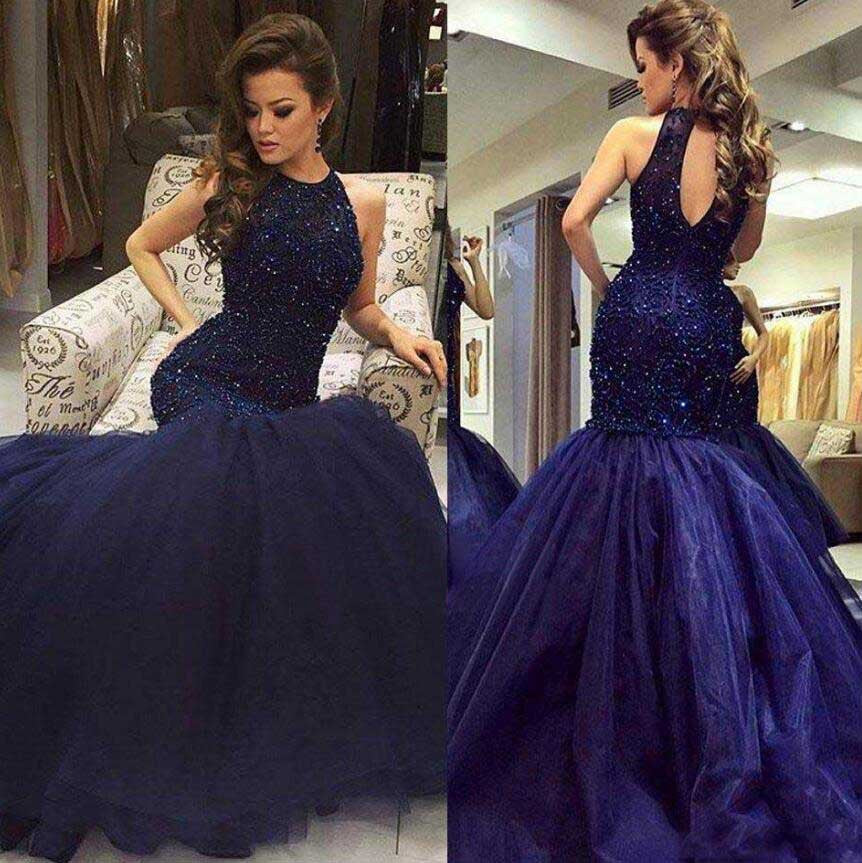 Navy Halter Mermaid Evening Prom Dresses, Long Open Back Evening Prom Dress, Beaded Prom Dress, Party Prom Dress, Formal Prom Dress, 17021