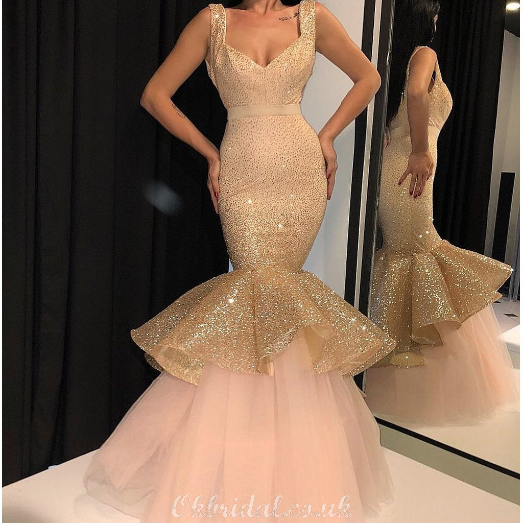 Elegant Mermaid Tulle V-neck Sparkly Sleeveless Prom Dress, FC4152
