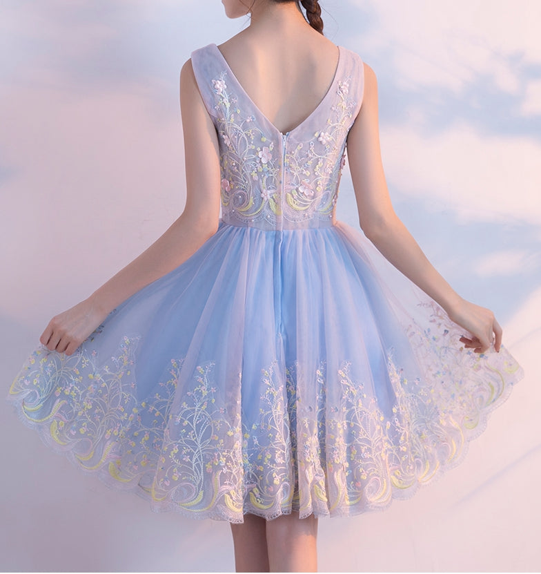 Tulle Lace Homecoming Dress, Applique Backless Homecoming Dress, LB0420