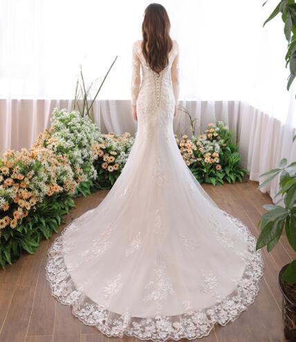 Long Wedding Dress, Lace Wedding Dress, Mermaid Bridal Dress, Applique Wedding Dress, Wedding Dress with Long Train, Elegant Wedding Dress, Lace Up Wedding Dress, LB0424