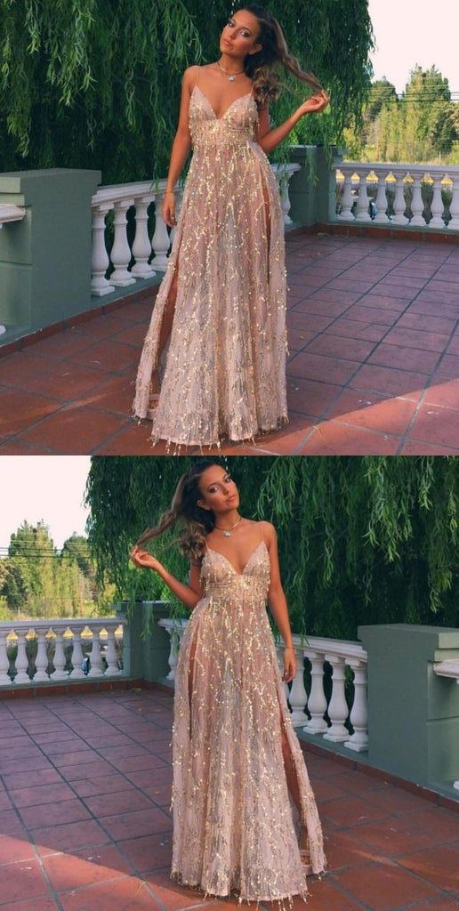 Sexy V-Neck Backless Slit A-Line Sparkle Spaghetti Straps Prom Dress, FC430