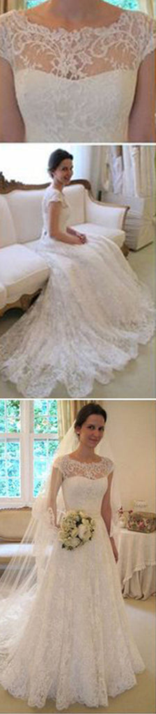 Long A-Line Round Neck Illusion White Lace Wedding Party Dresses, WD0044