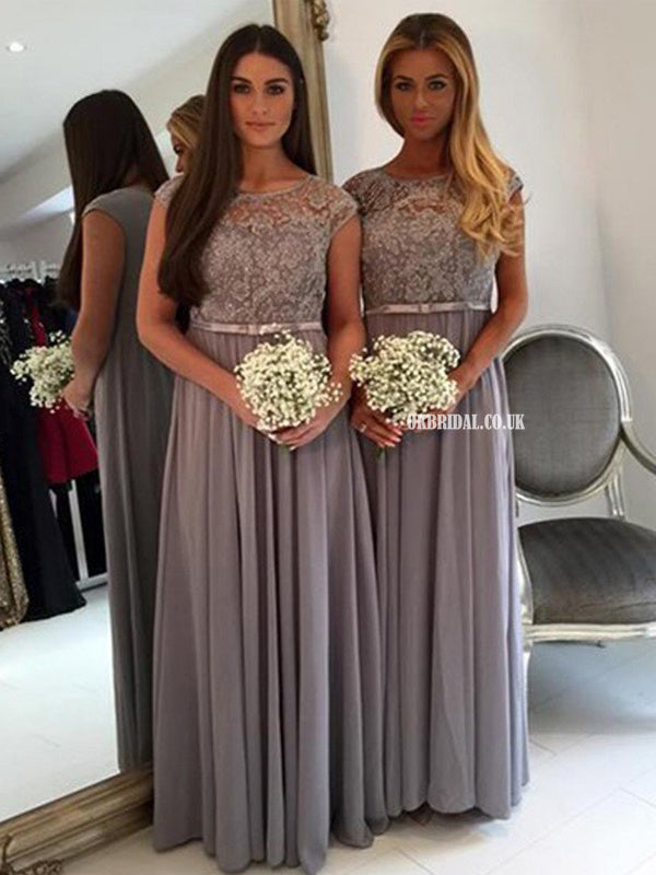 Modest Cap Sleeve Lace A Line Grey Floor-Length Chiffon Wedding Guest Dresses For Maid of Honor, WG44