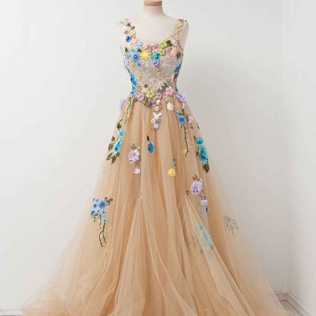 Tulle Prom Dresses, A-Line Applique Evening Dresses, LB0456