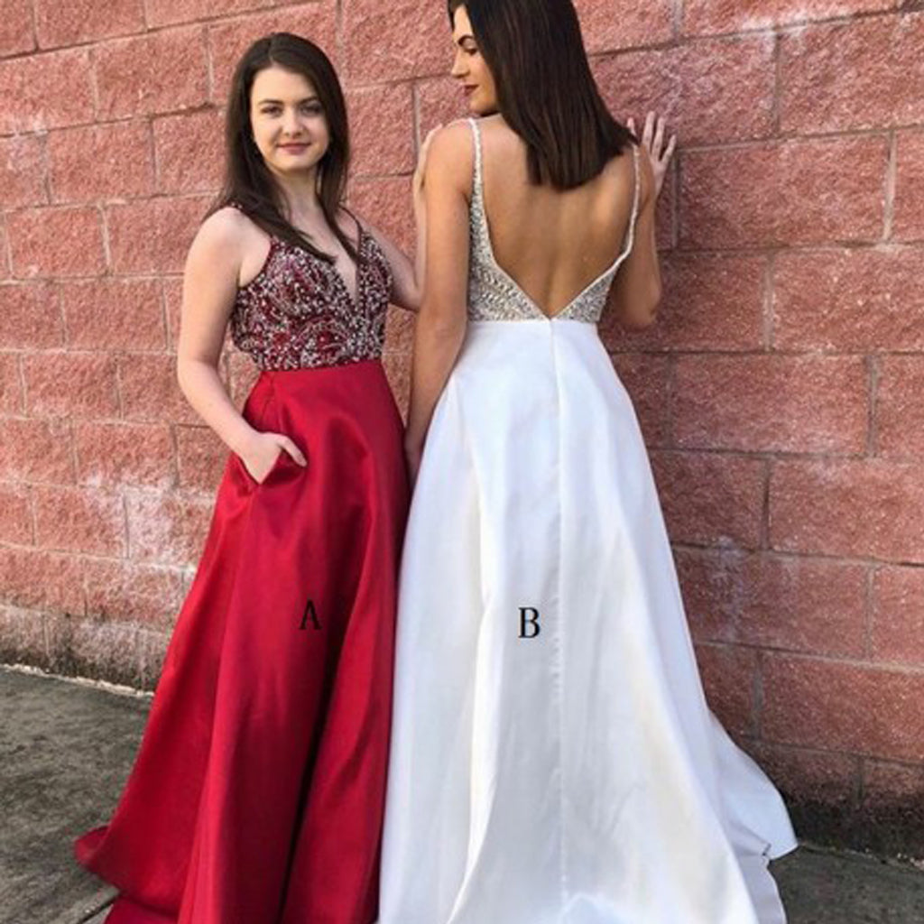 Spaghetti Straps Beaded Top V-Neck Prom Dress, Sexy V-Back Satin Prom Dress, KX458