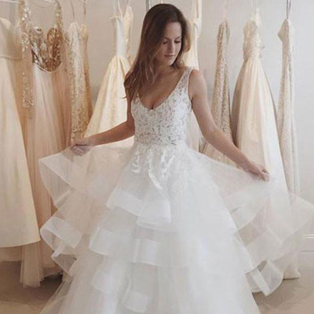 Long Lace Wedding Dress, A-Line Organza V-Back Wedding Dress, SleevelessFloor-Length Wedding Dress, LB0459