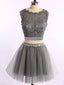 Two pieces grey lace tulle homecoming prom dresses, CM0003