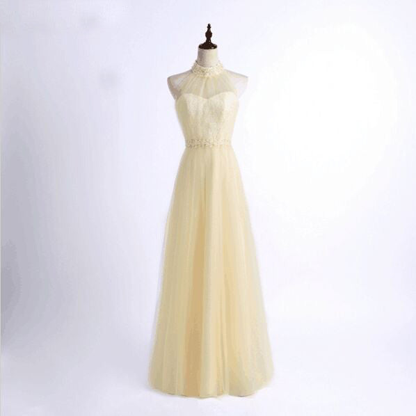 Simple Design A-Line Tulle Halter Beaded Floor-Length Sleeveless Bridesmaid Dresses,220046